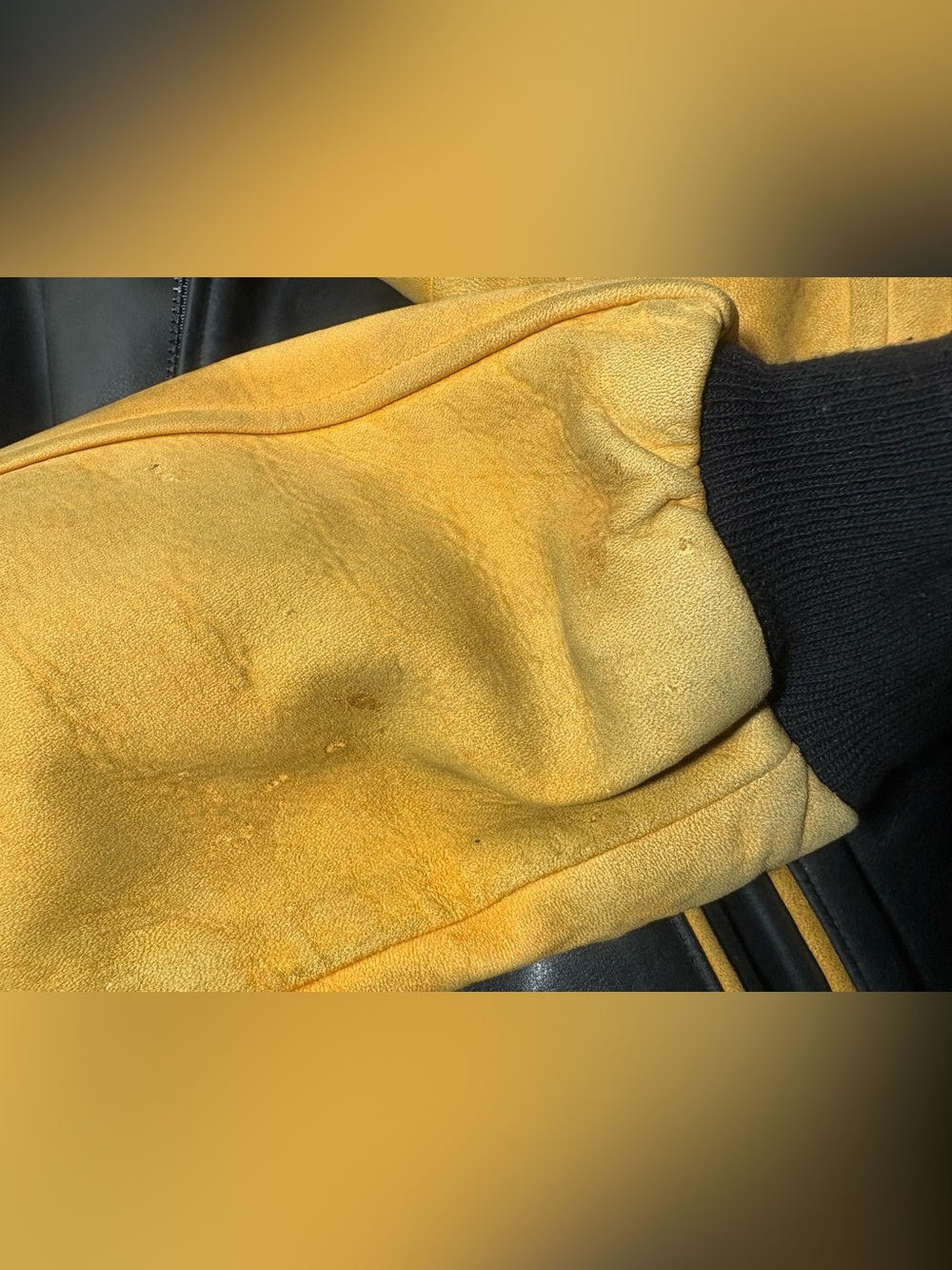 SICHEL Vintage Universal City Employee Black Leather Bomber with Yellow Sleeves - Picture 9 of 11